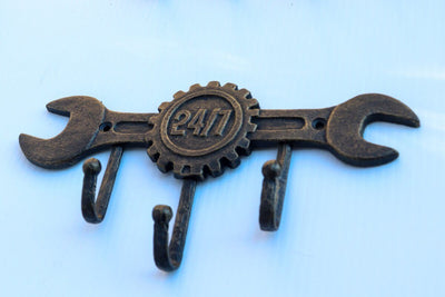 Large Wrench Workshop Wall Hanger Hooks - Cast Iron Embossed Metal in partnership with Rustic Deco Incorporated