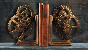Cast iron Steampunk bookends with cogs, sprockets and wheels