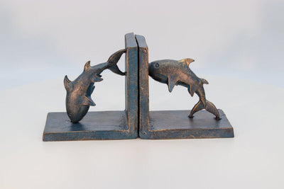 Dolphin Bookends - Sea Blue over Brass - Metal - Cast Iron - Pair in partnership with Rustic Deco Incorporated
