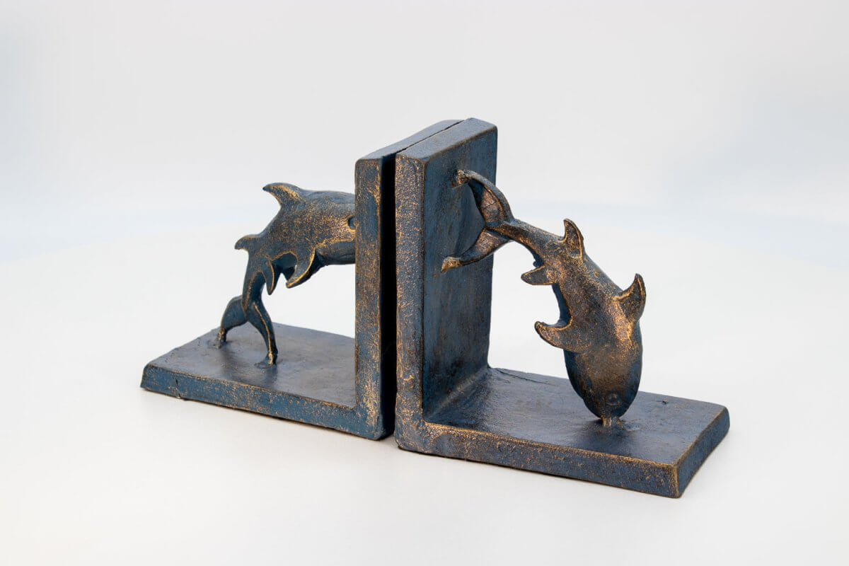 Dolphin Bookends - Sea Blue over Brass - Metal - Cast Iron - Pair in partnership with Rustic Deco Incorporated