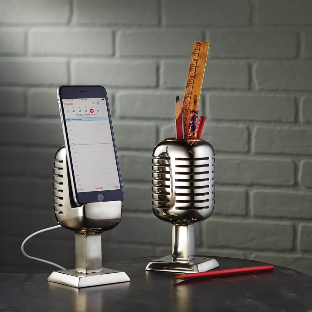 Eclectic Microphone Phone Stand - Polished Aluminum - Iconic 1940s Era in partnership with Rustic Deco Incorporated
