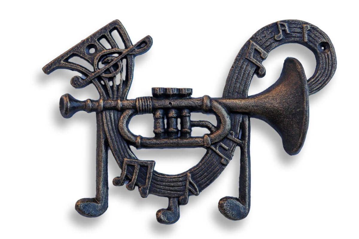 Jazz Trumpet Playing Musical Notes Wall Hanger - Cast Iron Metal Hooks in partnership with Rustic Deco Incorporated