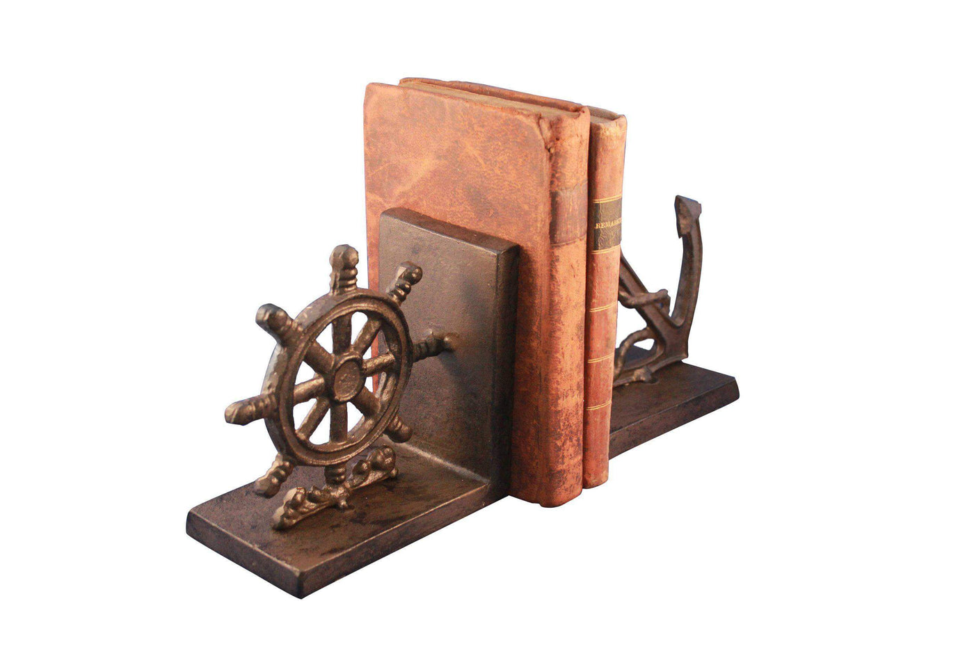 Nautical Anchor & Ship's Wheel Bookends - Cast Iron Metal Sculpture - Rustic Deco Incorporated