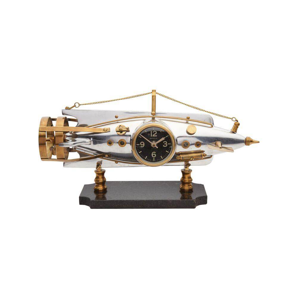 Nautilus Torpedo Table Desk Clock - Polished Aluminum Brass - French in partnership with Rustic Deco Incorporated
